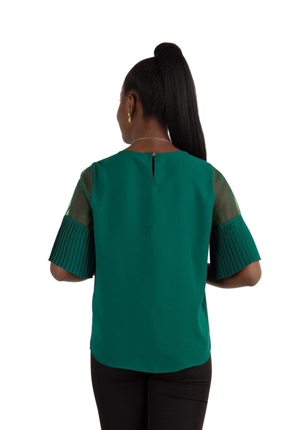 Round Neck Short Pleated Tulle Sleeve Big Size Blouse - Emerald Green