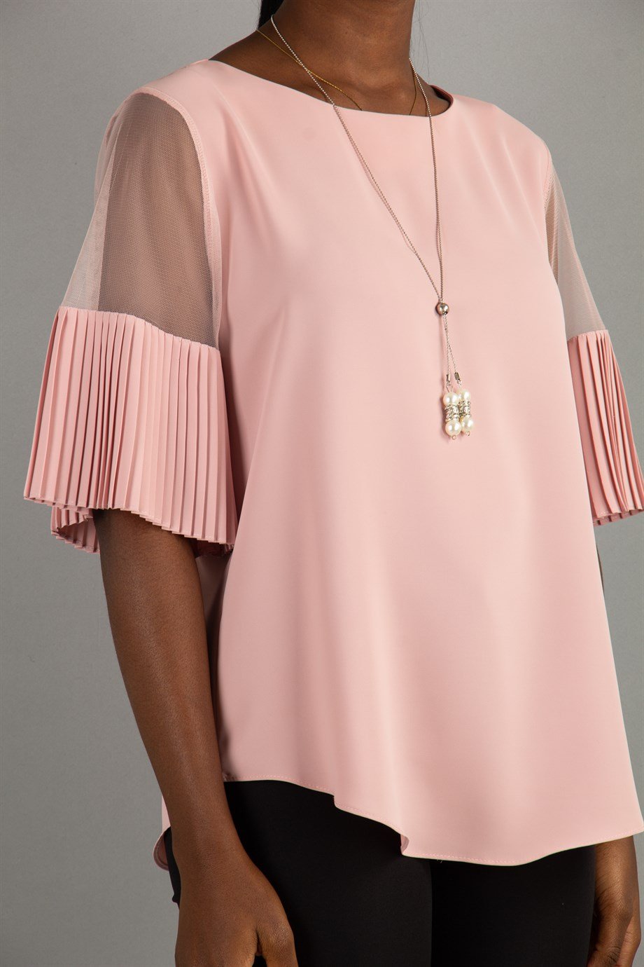Round Neck Short Pleated Tulle Sleeve Big Size Blouse - Powder