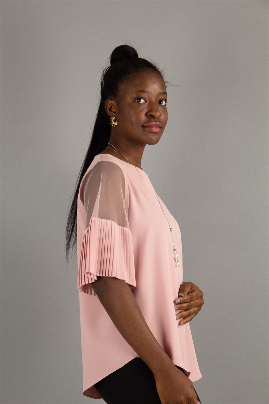 Round Neck Short Pleated Tulle Sleeve Big Size Blouse - Powder