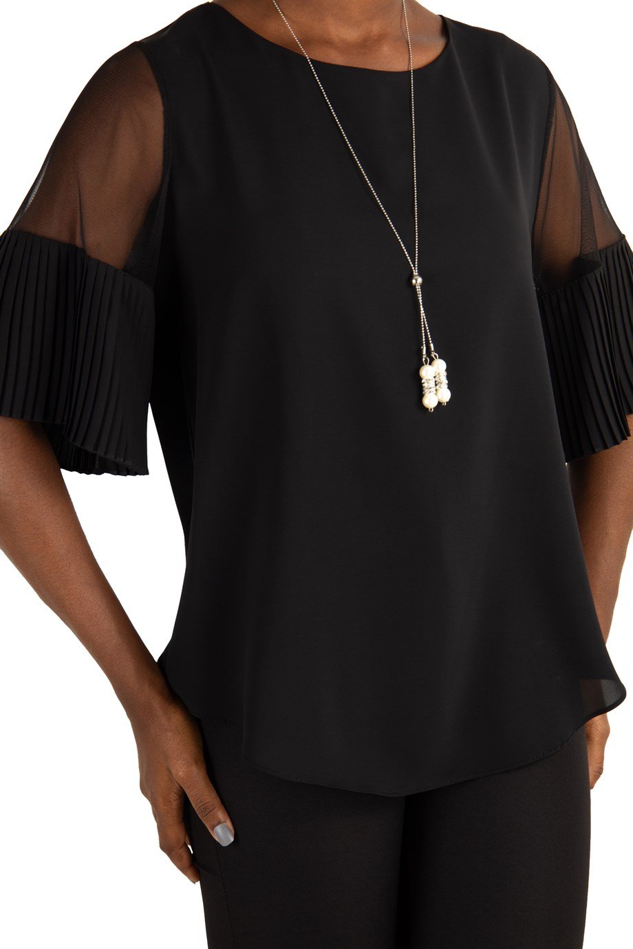 Round Neck Short Pleated Tulle Sleeve Big Size Blouse - Black