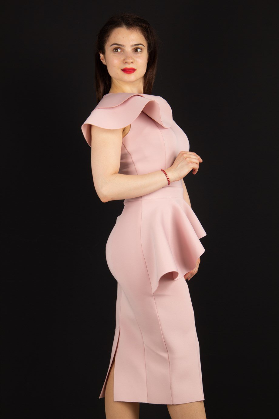 Ruffle One Shoulder Peplum Scuba Dress - Powder