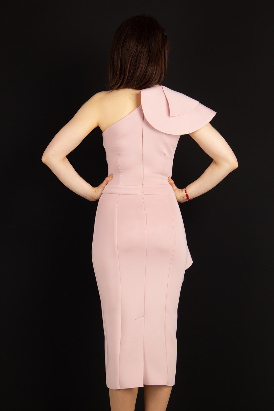 Ruffle One Shoulder Peplum Scuba Dress - Powder