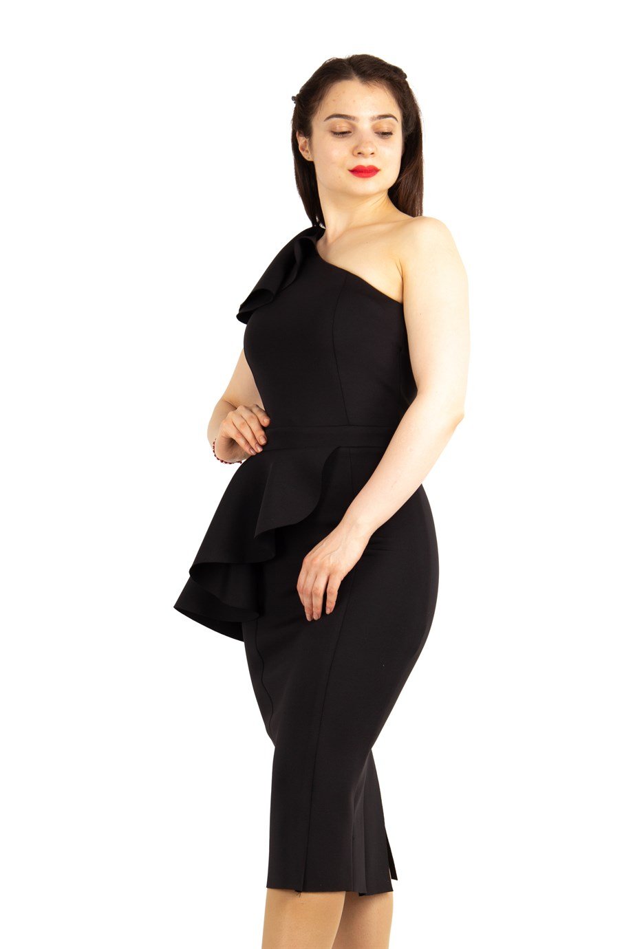 Ruffle One Shoulder Peplum Scuba Dress - Black