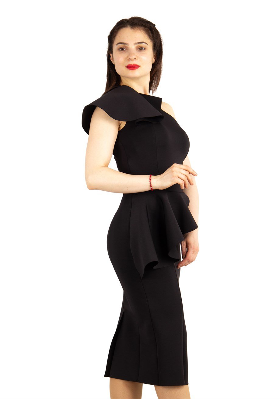 Ruffle One Shoulder Peplum Scuba Dress - Black