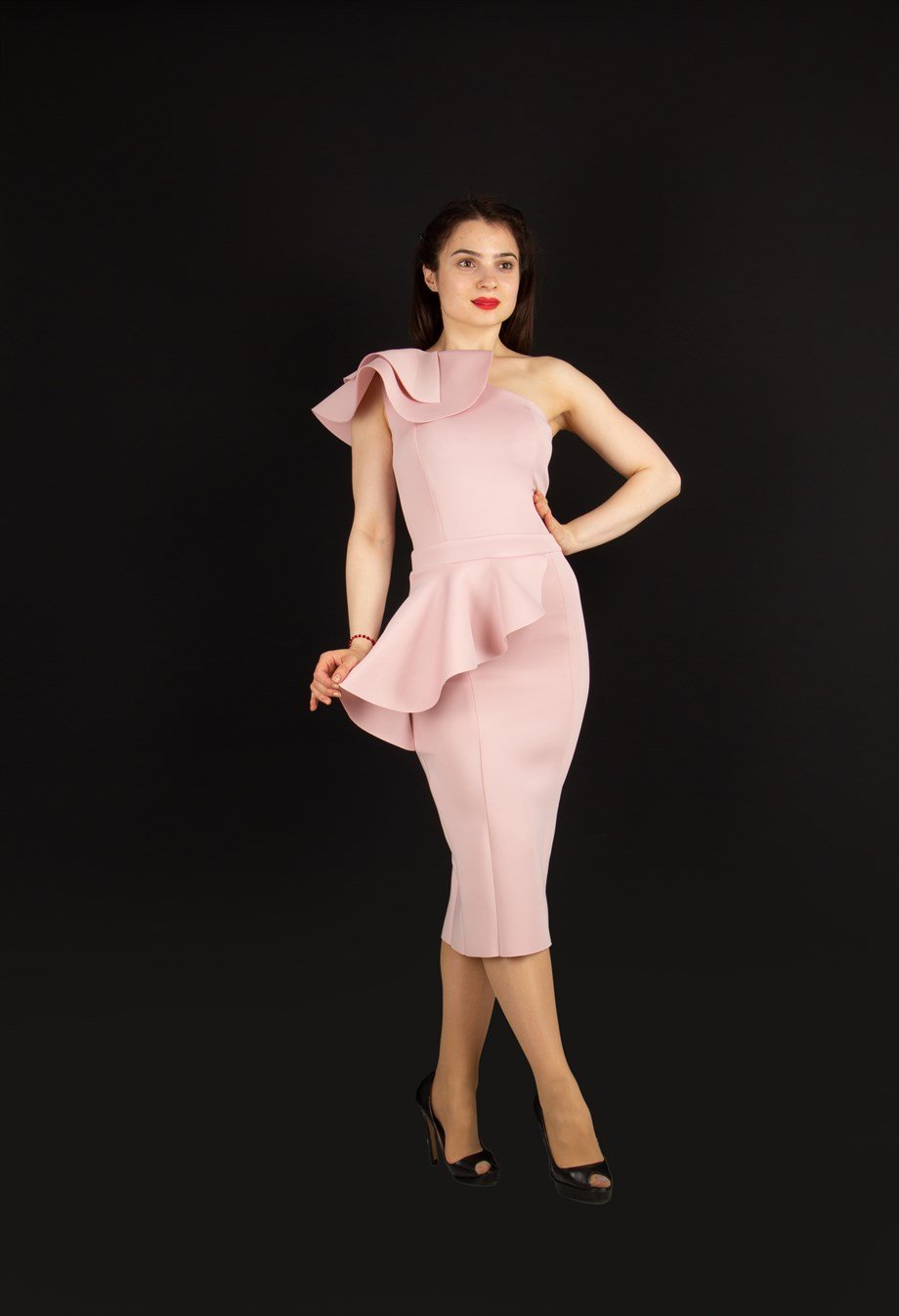 Ruffle One Shoulder Peplum Scuba Dress - Powder