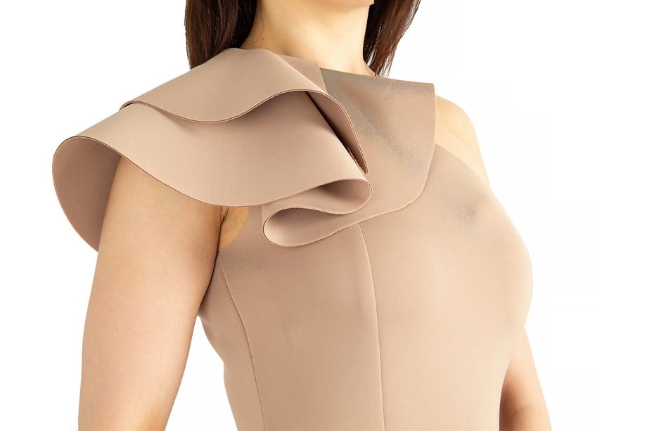 Ruffle One Shoulder Peplum Scuba Dress - Beige