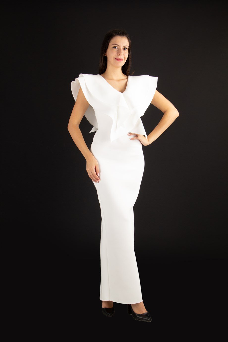 Ruffle V-neck Sleeveless Maxi Scuba Dress - White