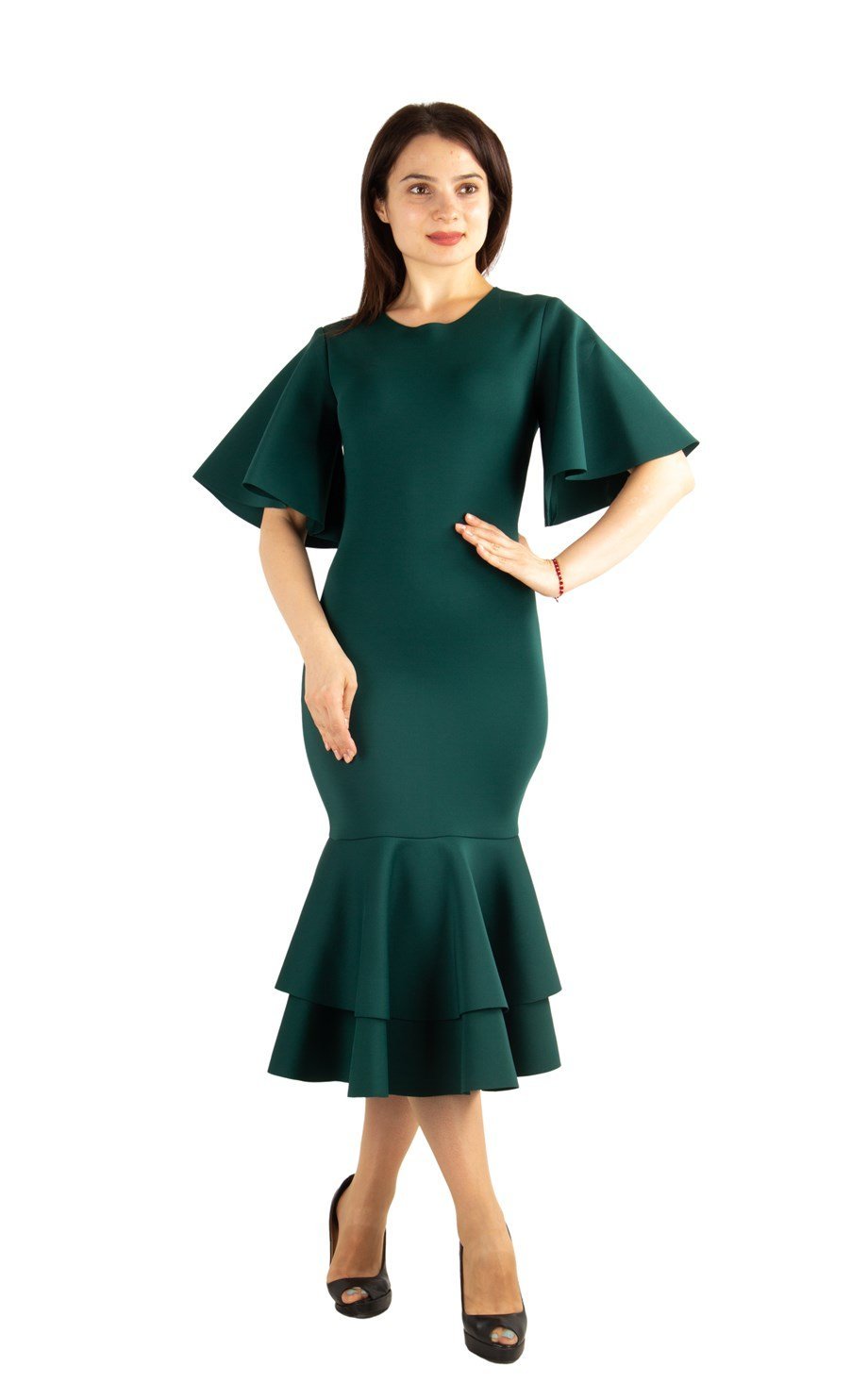 Ruffled Hem Scuba Dress - Emerald Green