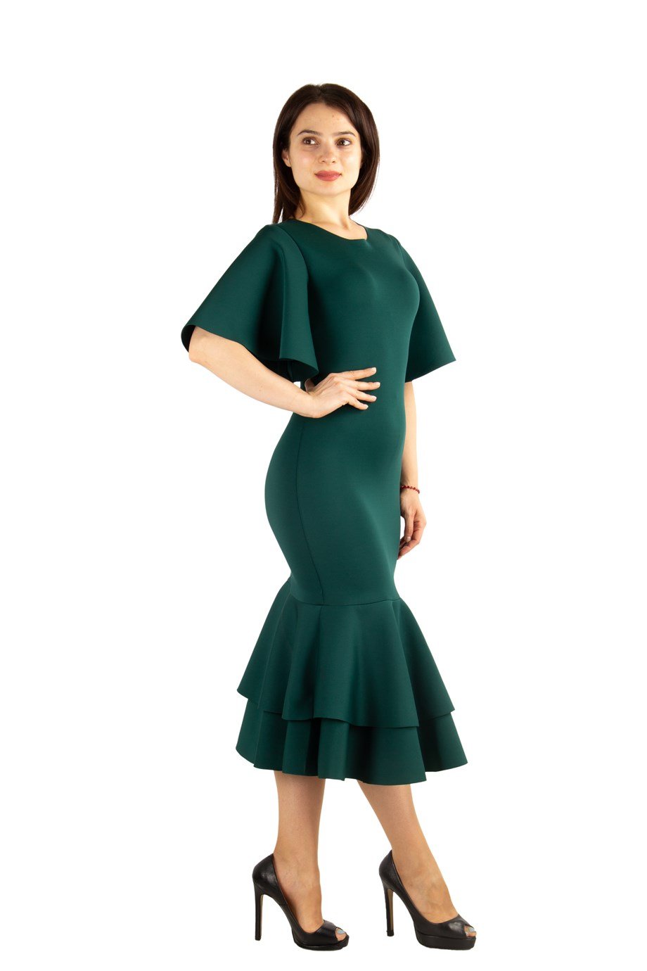 Ruffled Hem Scuba Dress - Emerald Green