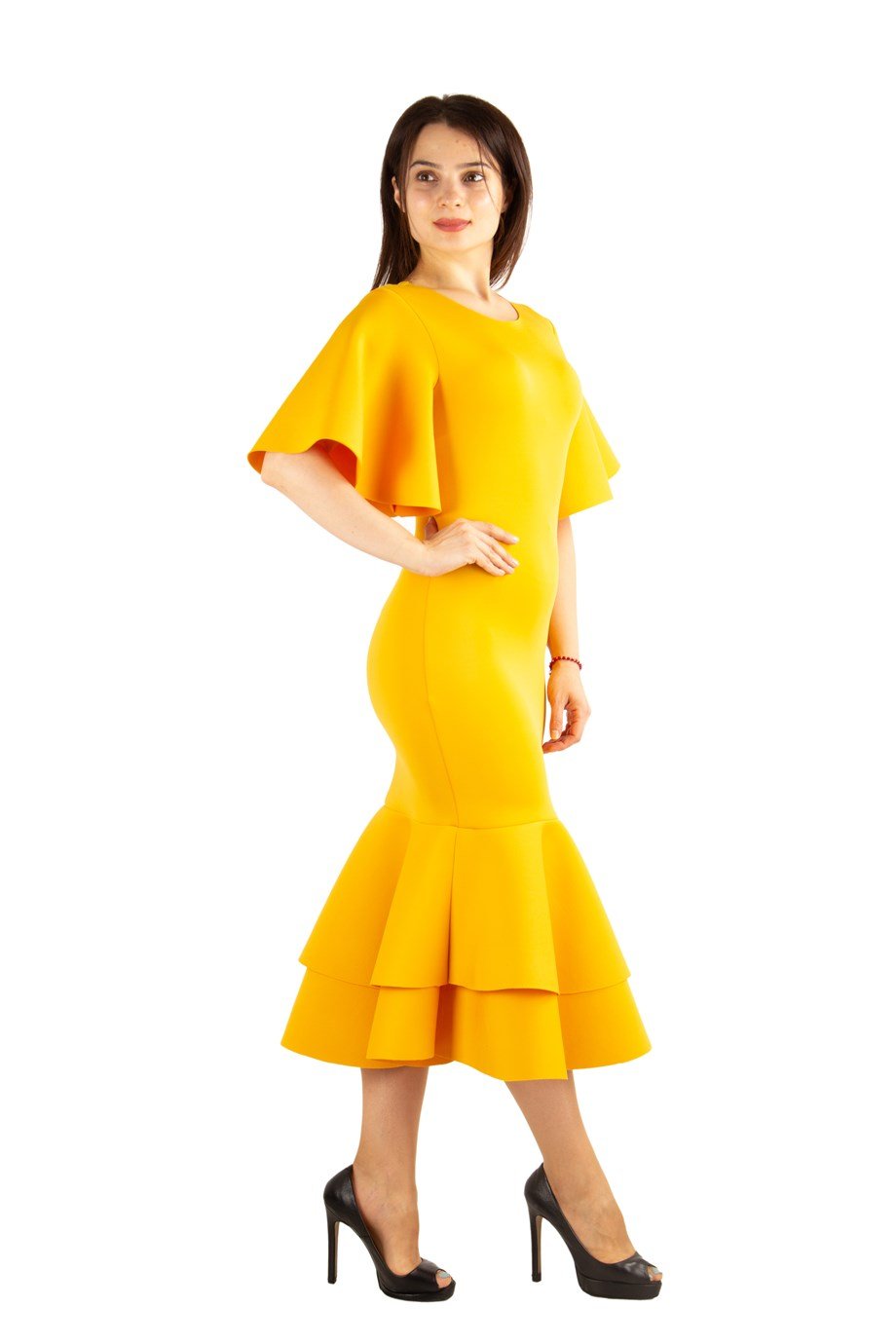 Ruffled Hem Scuba Dress - Mustard