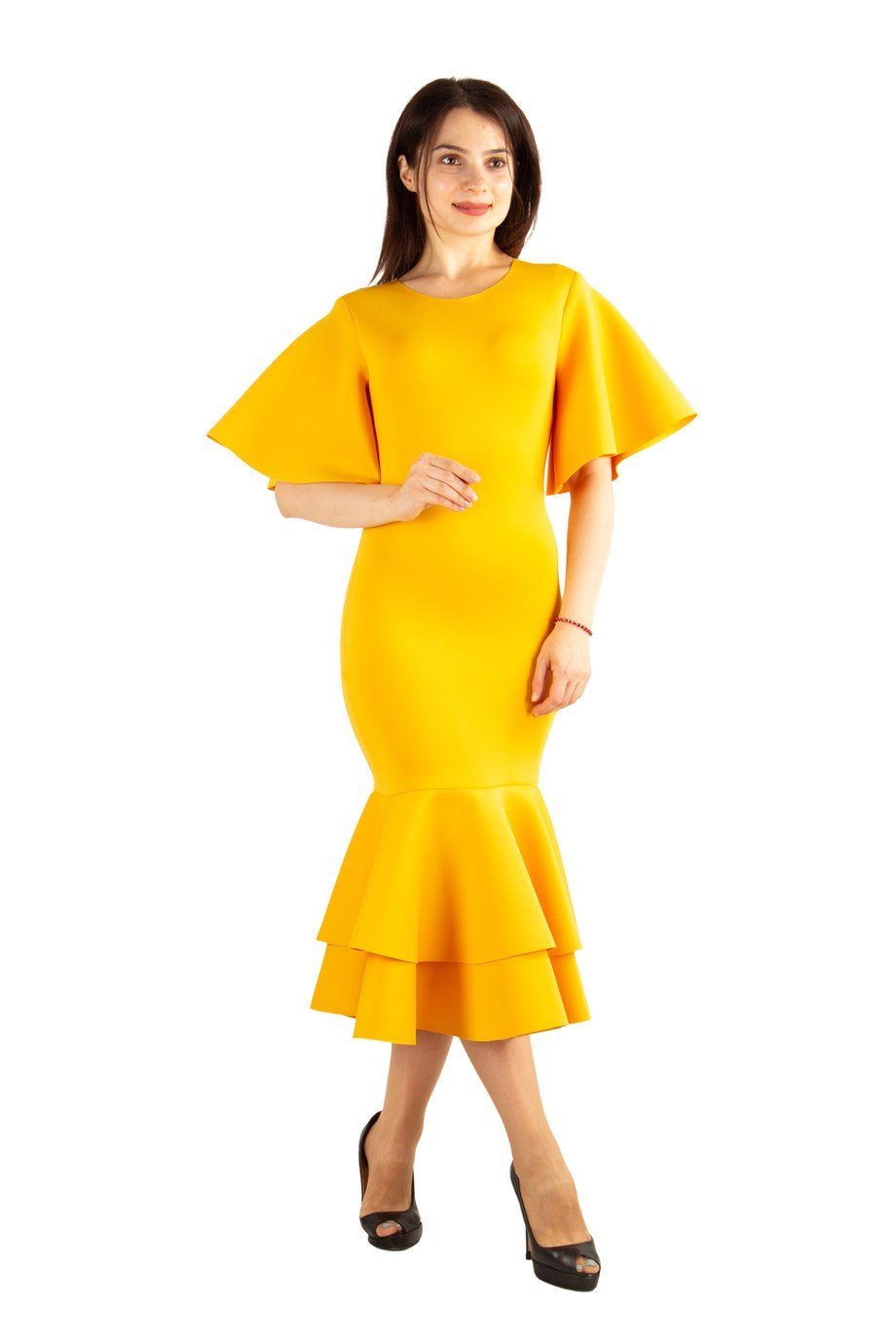 Ruffled Hem Scuba Dress - Mustard