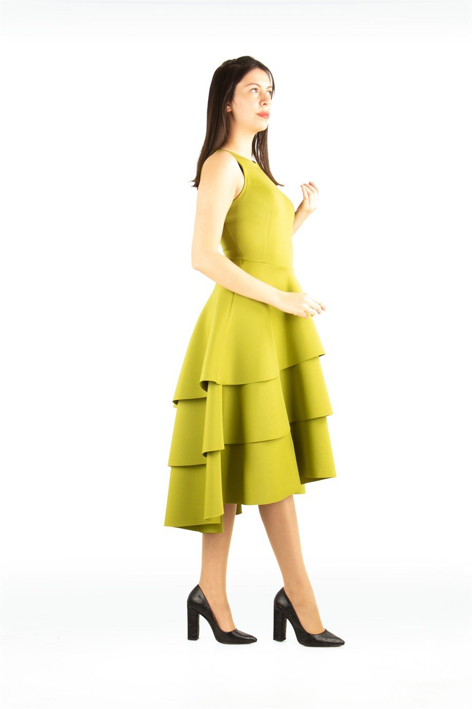 Ruffled Hem Sleeveless Scuba Dress - Khaki
