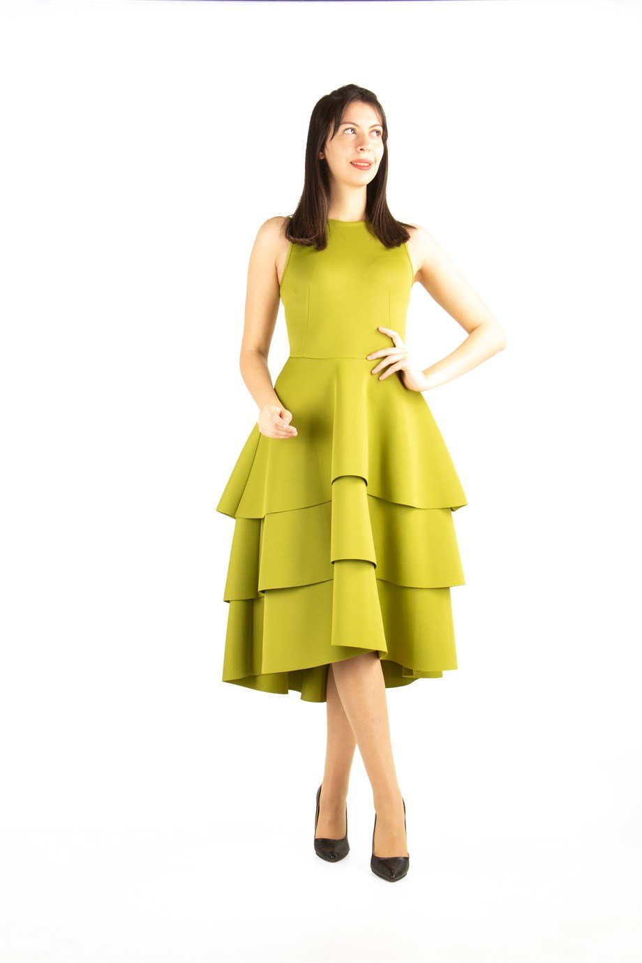 Ruffled Hem Sleeveless Scuba Dress - Khaki