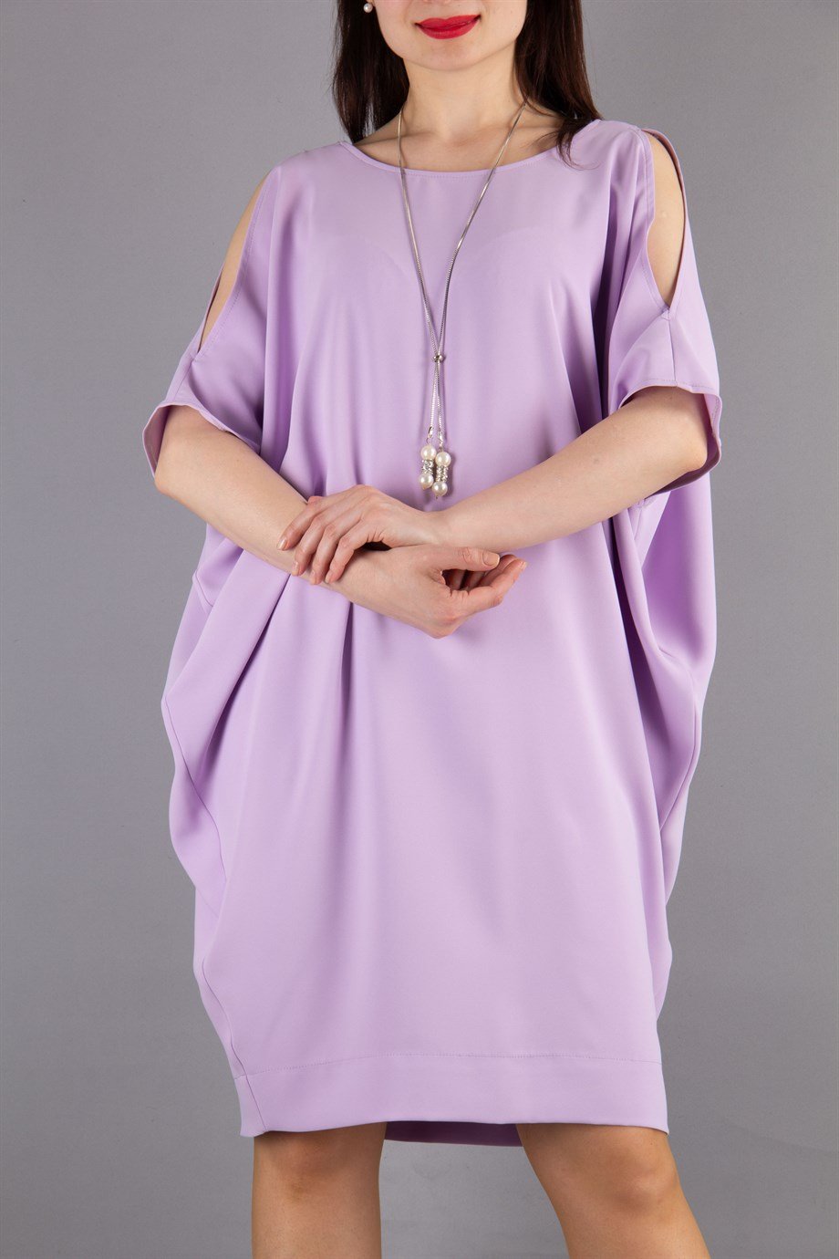 Sexy Tied Crew Neck Cold Shoulder Batwing Short Sleeve Plain Big Size Mini Dress - Lilac