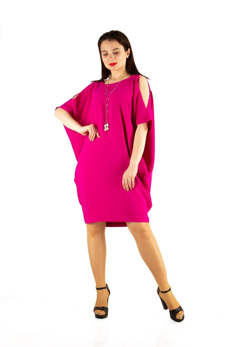 Sexy Tied Crew Neck Cold Shoulder Batwing Short Sleeve Plain Mini Dress - Fuchsia