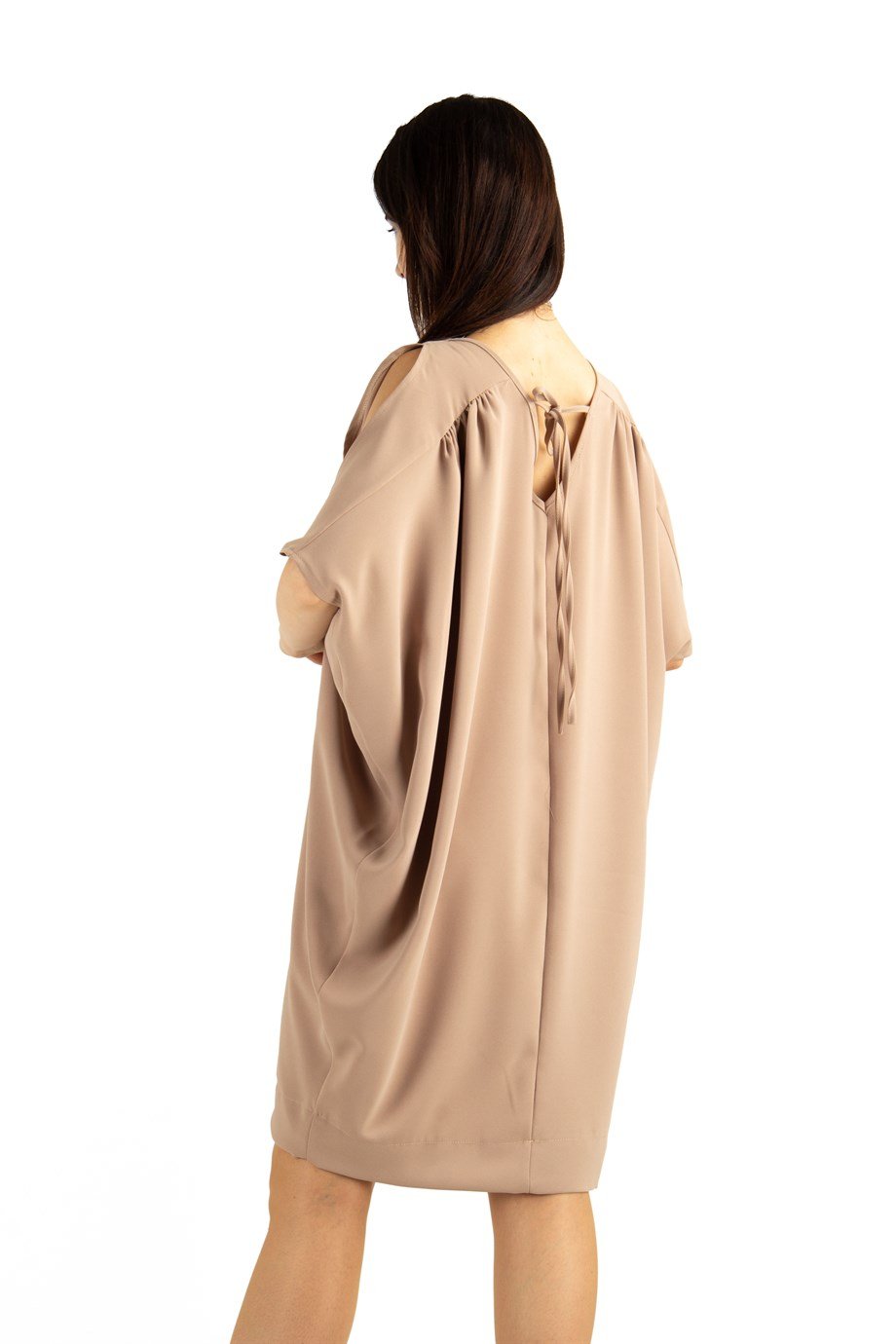 Sexy Tied Crew Neck Cold Shoulder Batwing Short Sleeve Plain Big Size Mini Dress - Beige