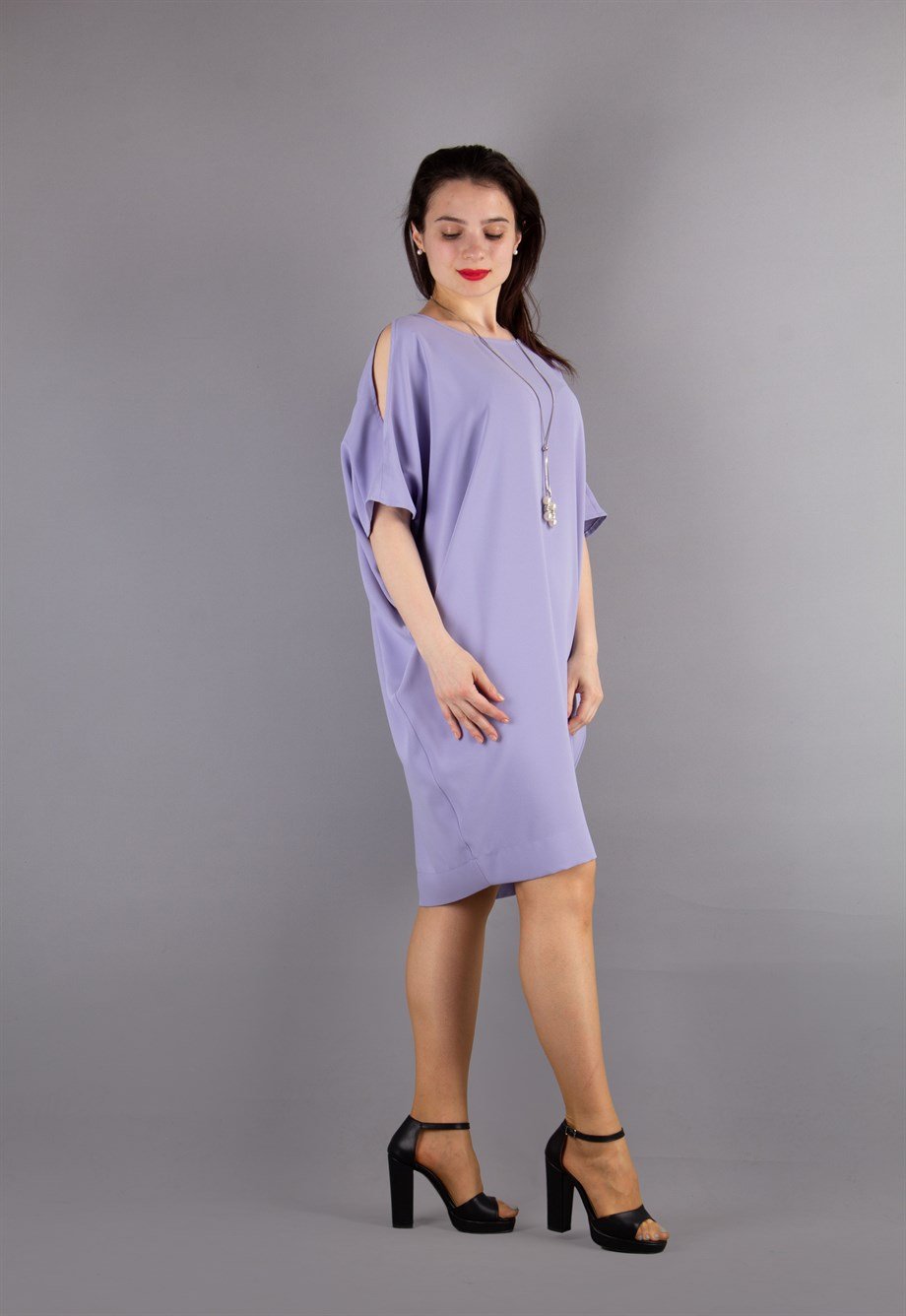 Sexy Tied Crew Neck Cold Shoulder Batwing Short Sleeve Plain Big Size Mini Dress - Levander