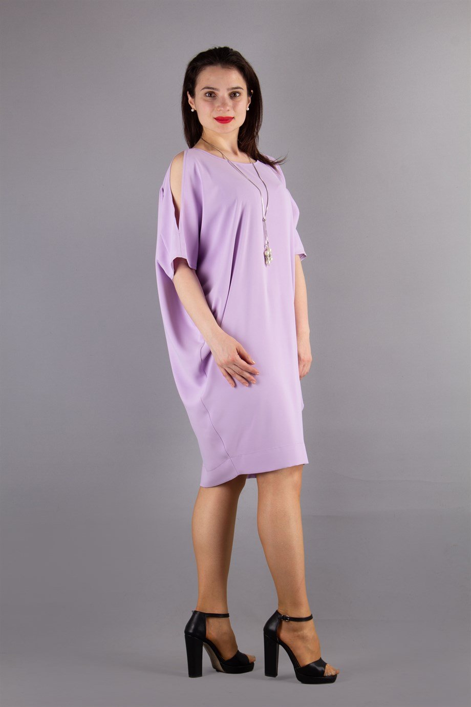Sexy Tied Crew Neck Cold Shoulder Batwing Short Sleeve Plain Big Size Mini Dress - Lilac