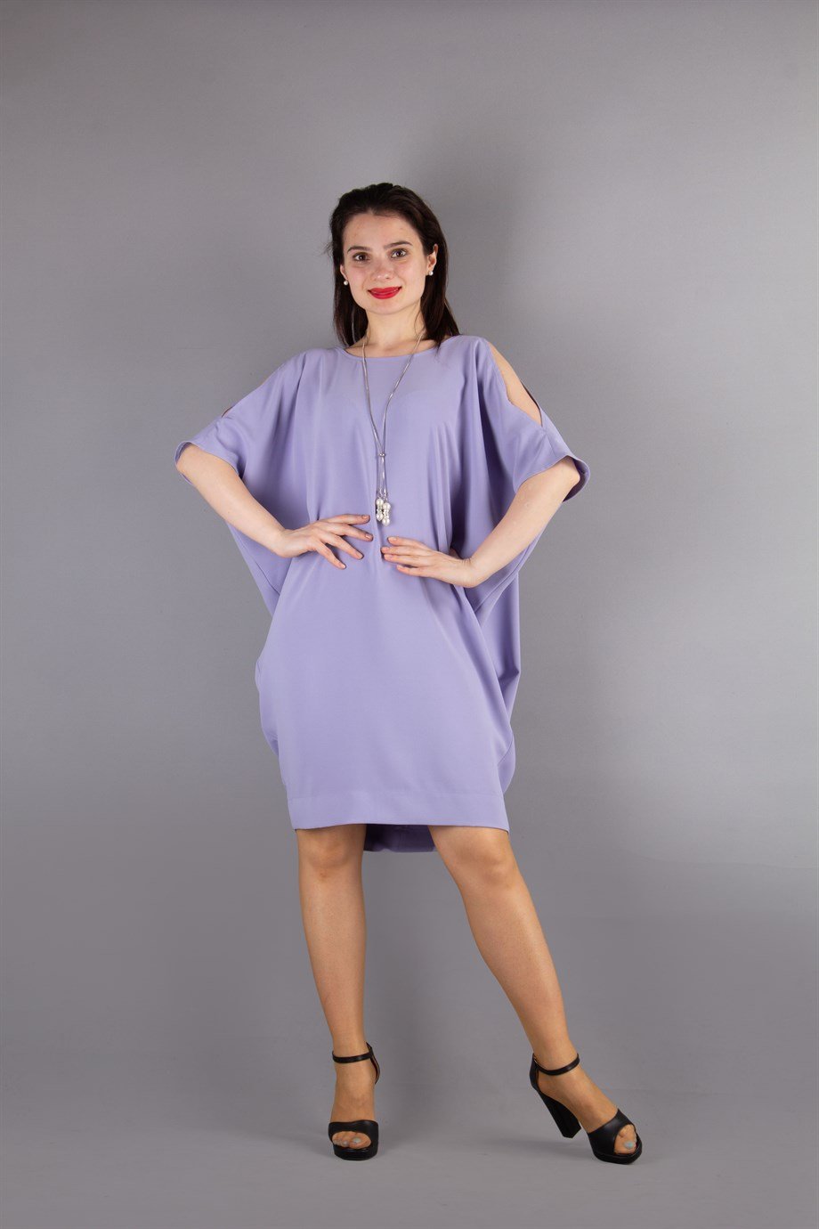 Sexy Tied Crew Neck Cold Shoulder Batwing Short Sleeve Plain Big Size Mini Dress - Levander