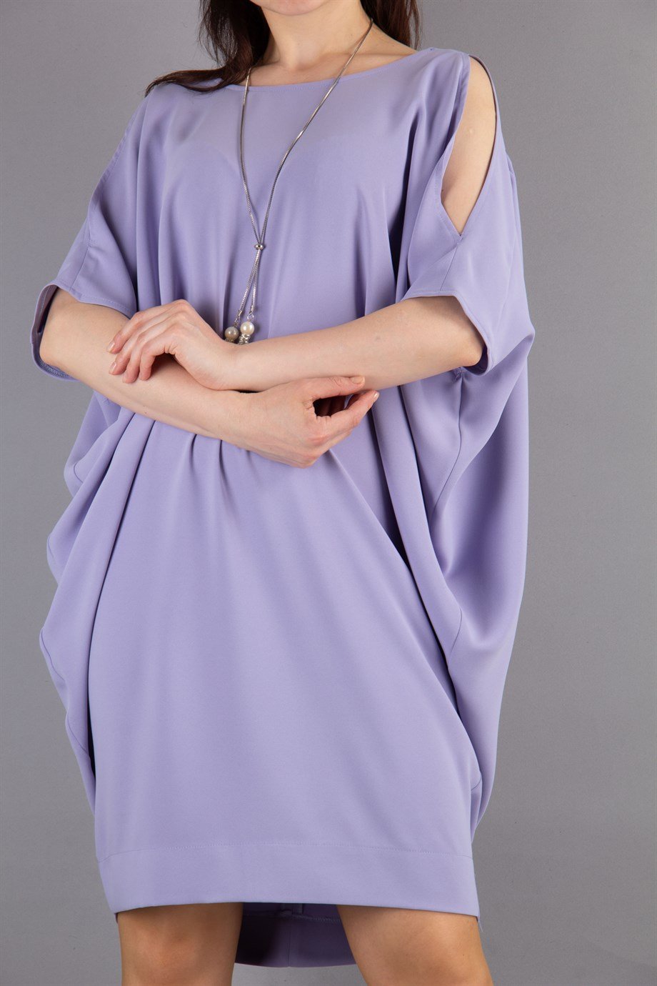 Sexy Tied Crew Neck Cold Shoulder Batwing Short Sleeve Plain Big Size Mini Dress - Levander