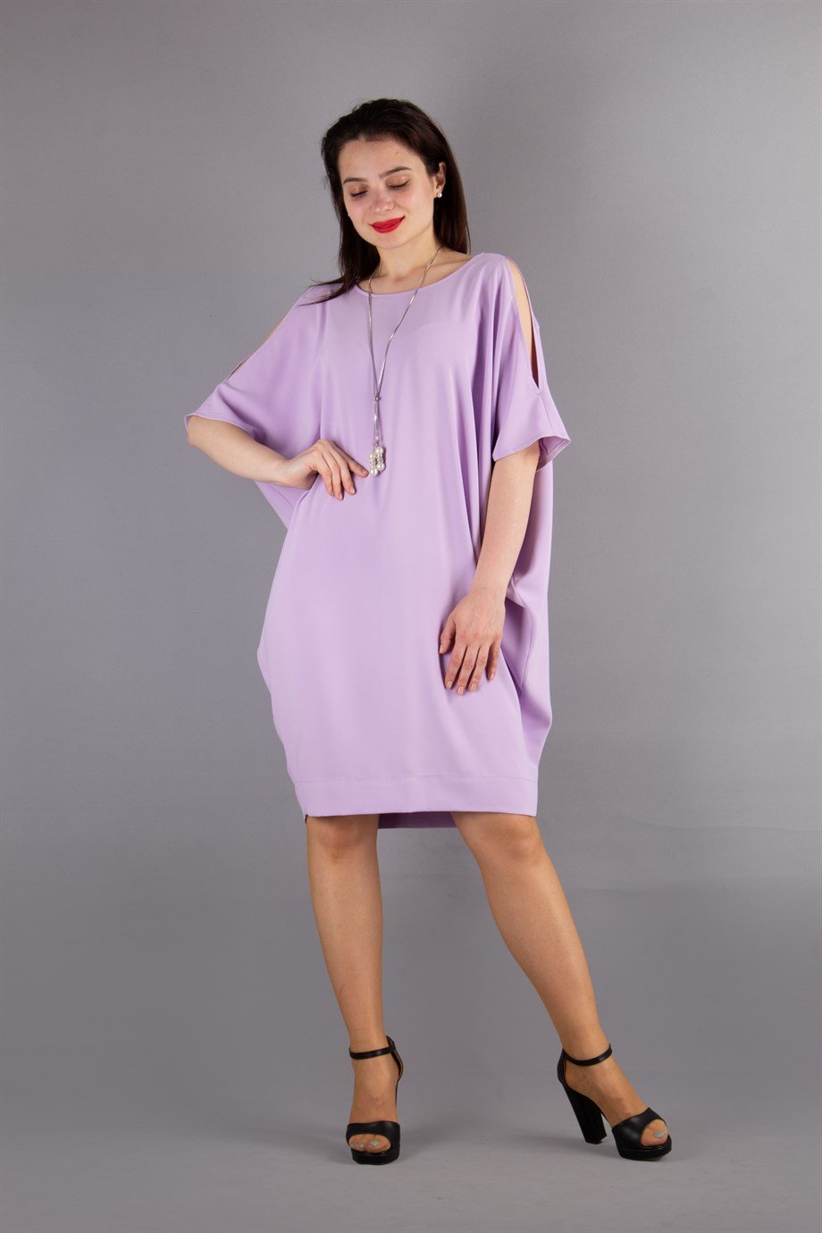 Sexy Tied Crew Neck Cold Shoulder Batwing Short Sleeve Plain Big Size Mini Dress - Lilac