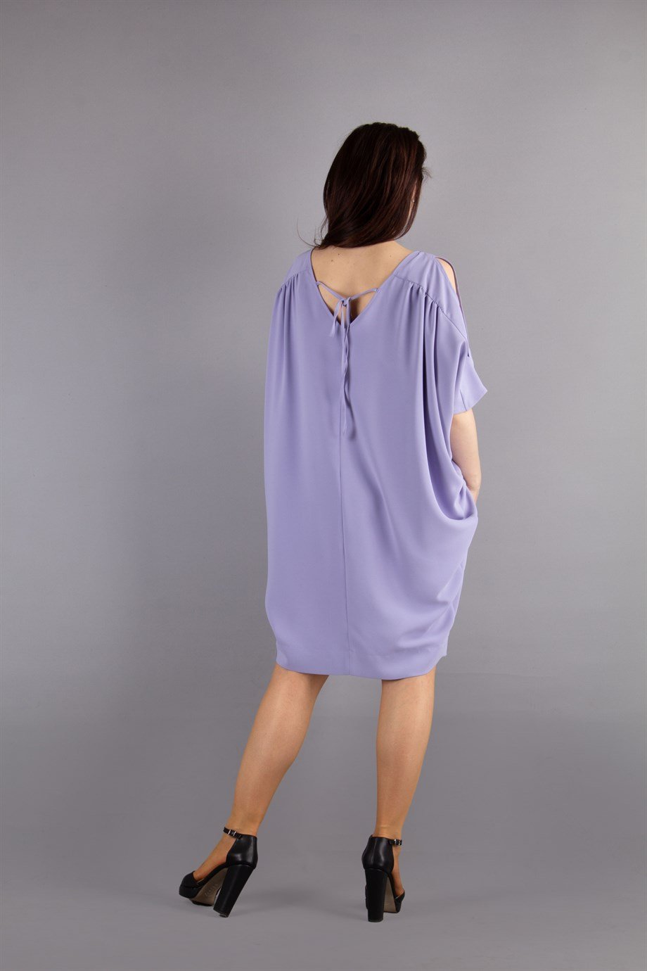 Sexy Tied Crew Neck Cold Shoulder Batwing Short Sleeve Plain Big Size Mini Dress - Levander