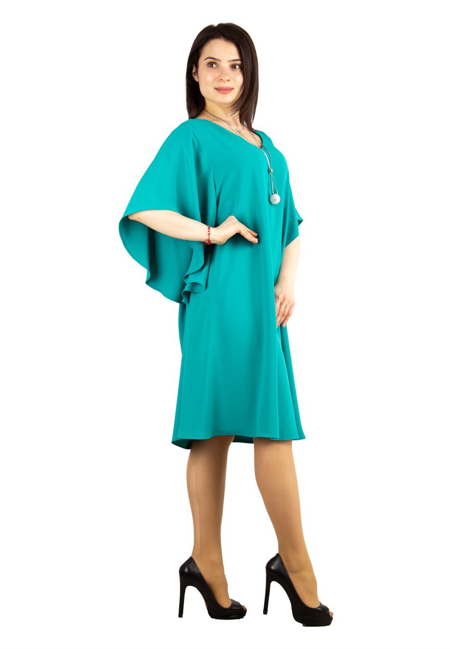 Short Sleeve Batwing V-neck Dress - Benetton Green