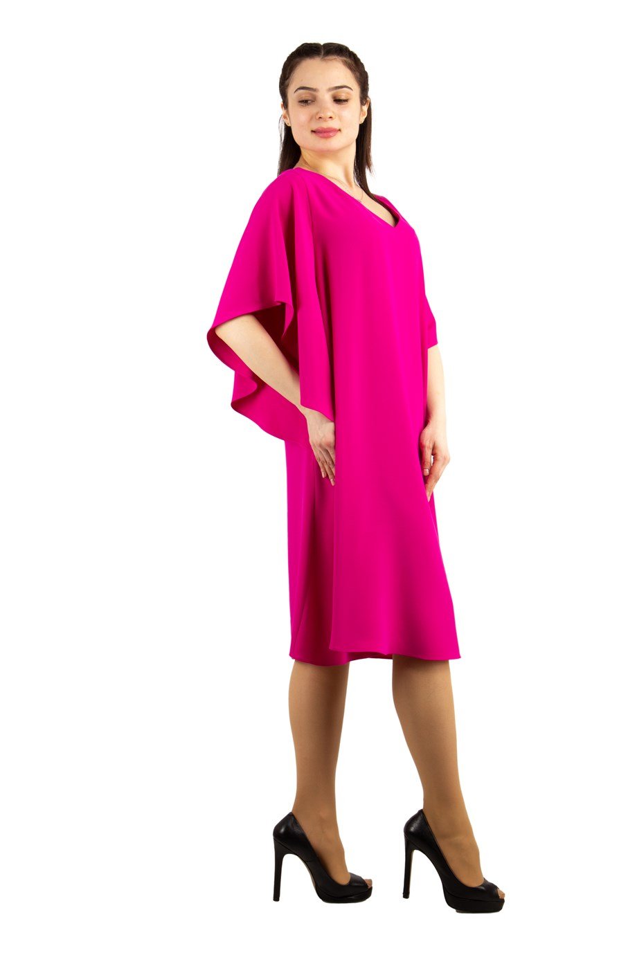 Short Sleeve Batwing V-neck Dress - Fuchsia