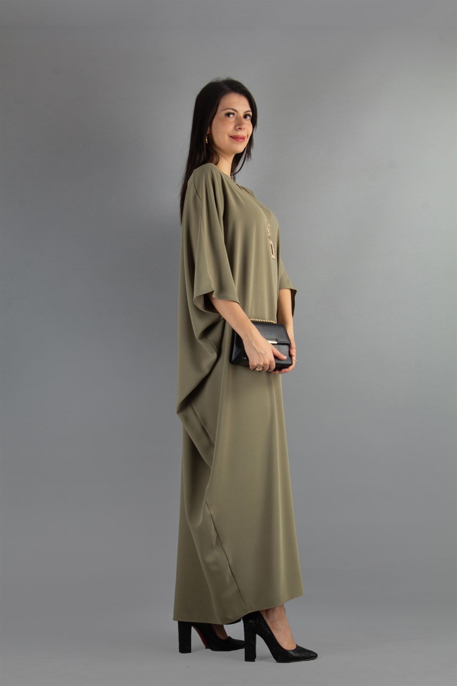 Short Sleeve Batwing V-neck Long Dress - Olive Green