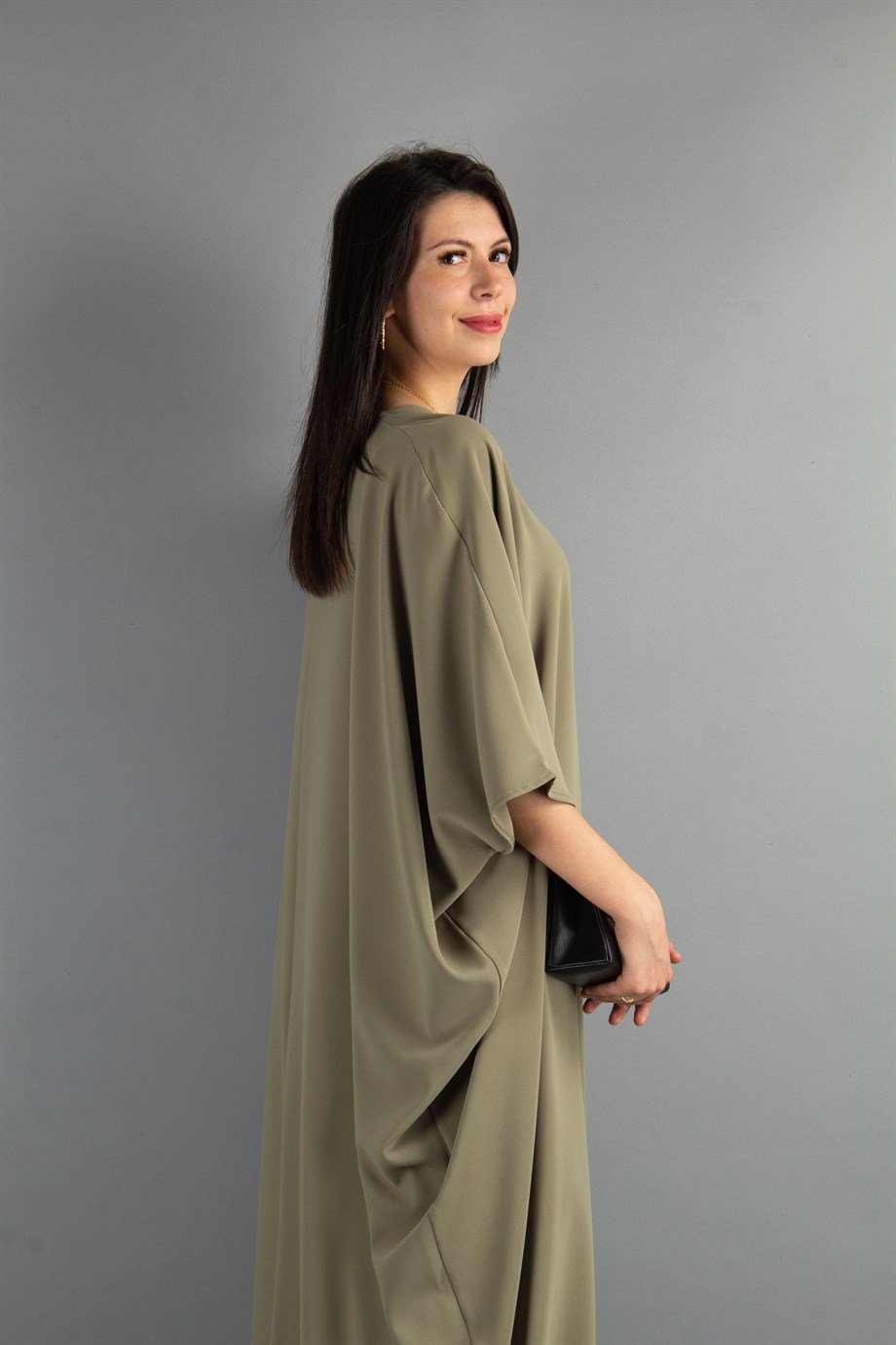 Short Sleeve Batwing V-neck Long Dress - Olive Green