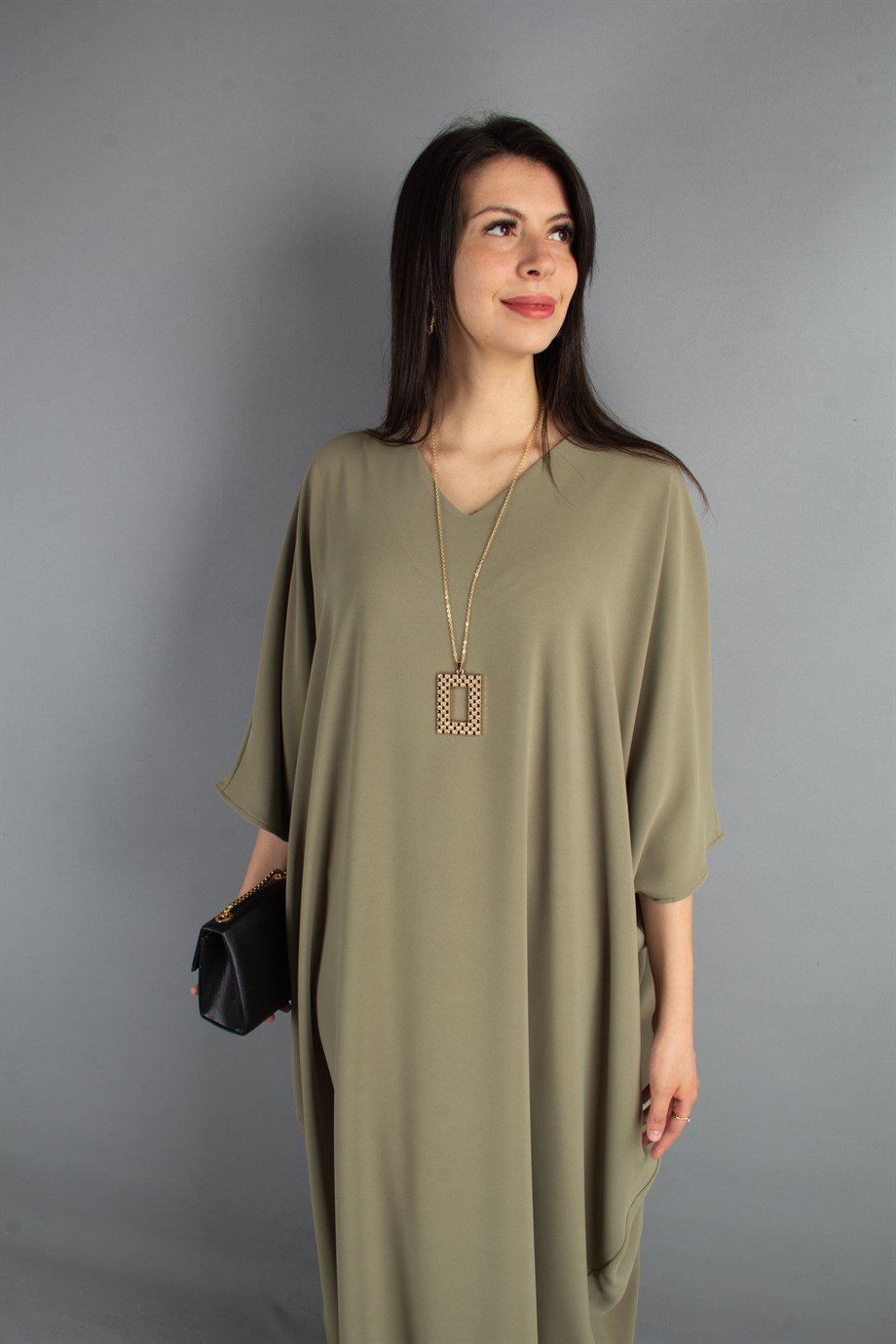 Short Sleeve Batwing V-neck Long Dress - Olive Green