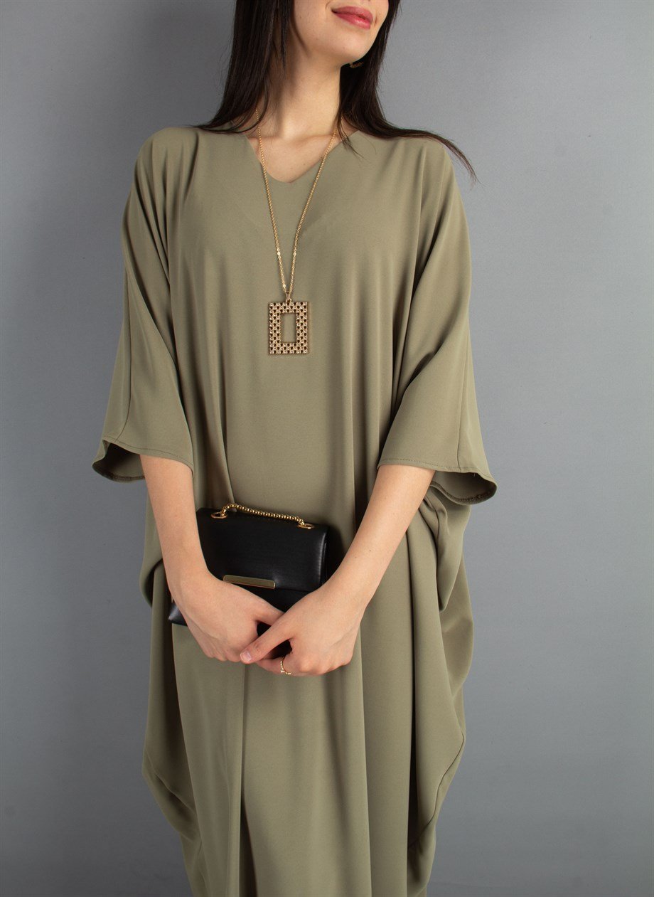 Short Sleeve Batwing V-neck Long Dress - Olive Green