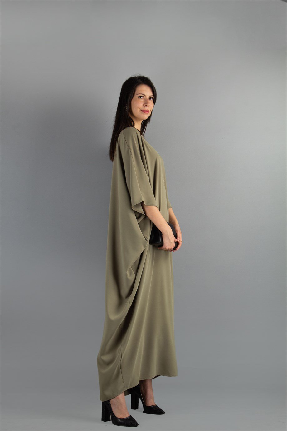 Short Sleeve Batwing V-neck Long Dress - Olive Green
