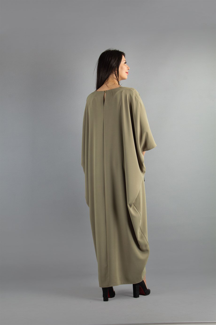 Short Sleeve Batwing V-neck Long Dress - Olive Green