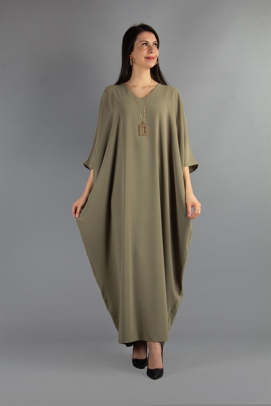 Short Sleeve Batwing V-neck Long Dress - Olive Green