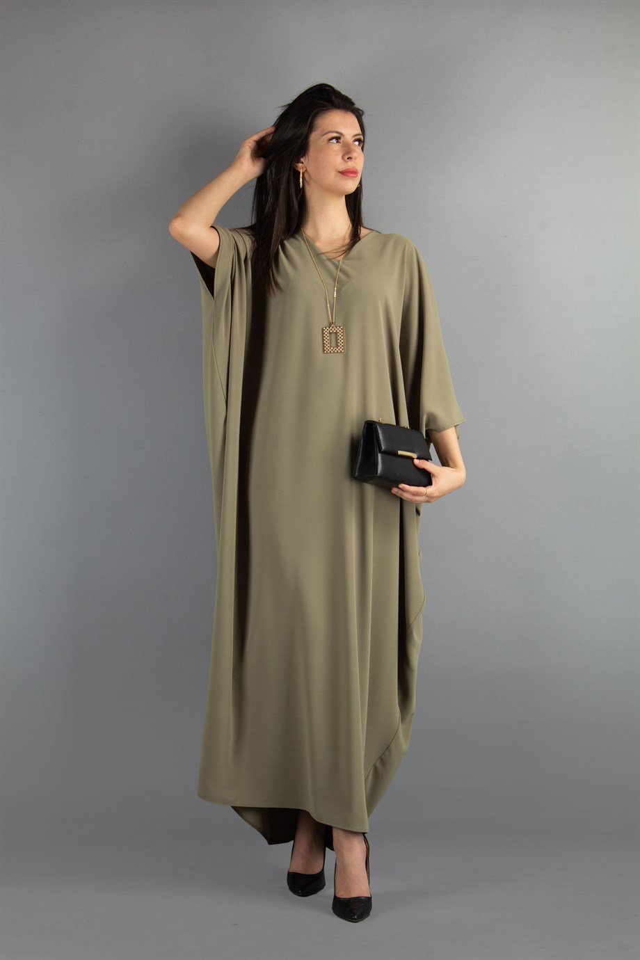 Short Sleeve Batwing V-neck Long Dress - Olive Green