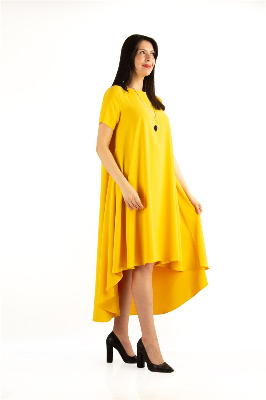 Short Sleeve High-Low Hem Big Size Dress - Mustard