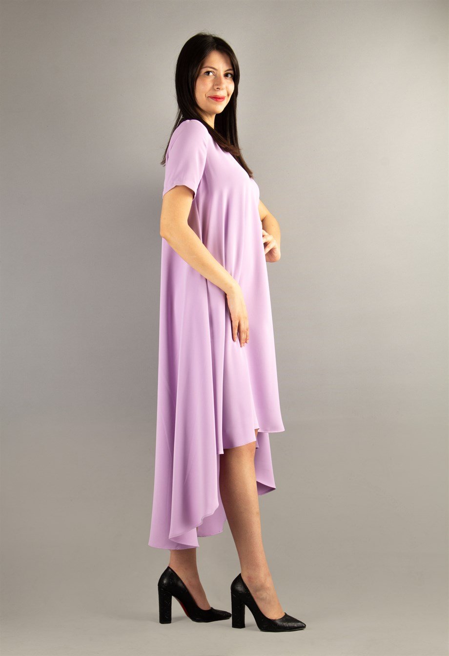 Short Sleeve High-Low Hem Dress - Lilac