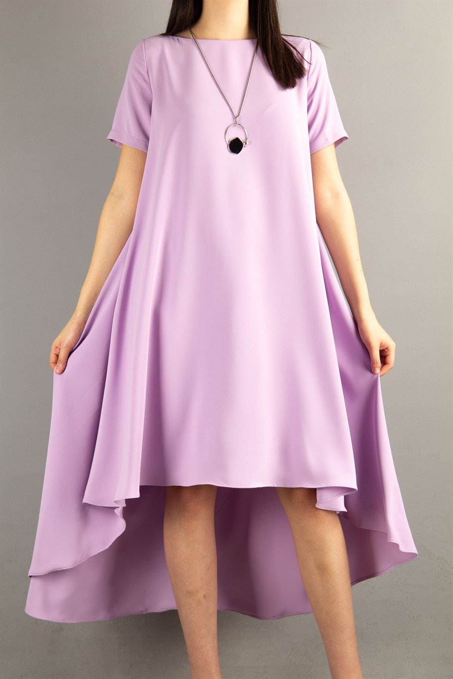 Short Sleeve High-Low Hem Dress - Lilac