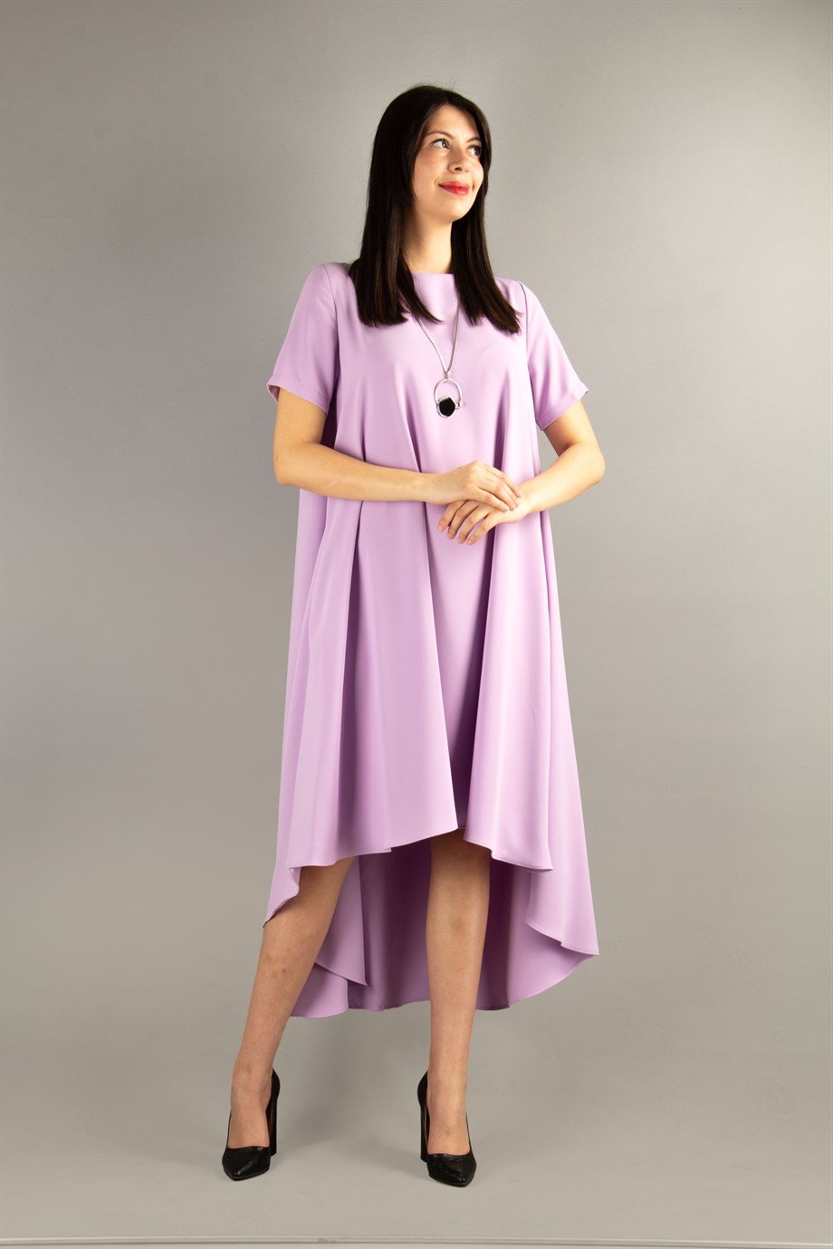 Short Sleeve High-Low Hem Dress - Lilac