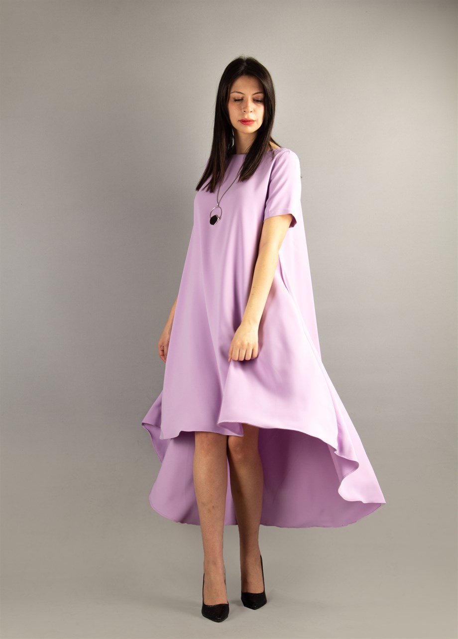 Short Sleeve High-Low Hem Dress - Lilac
