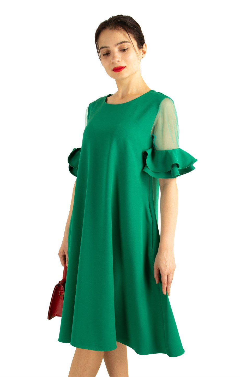 Short Tulle Frill Sleeve Dress - Grass Green