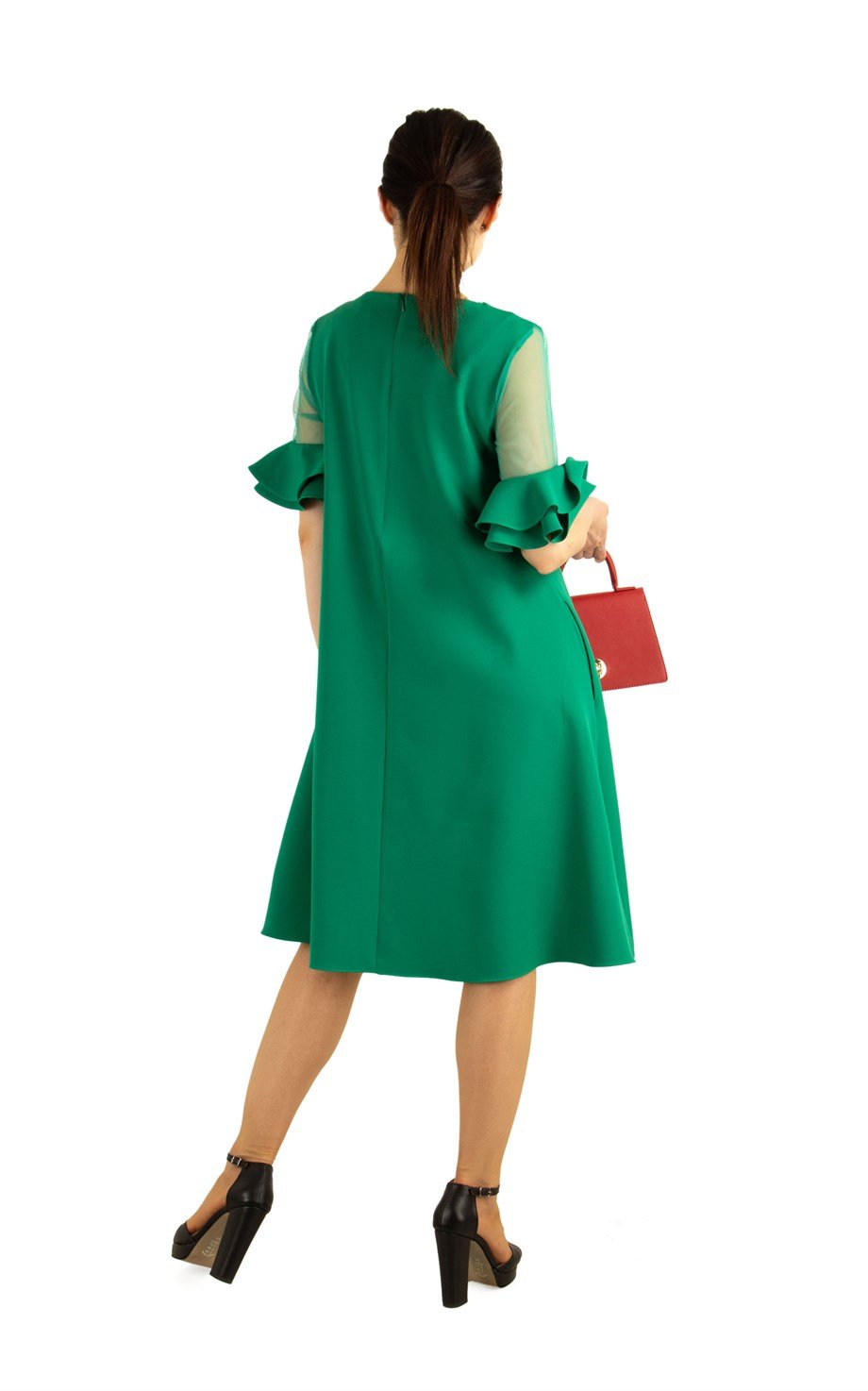 Short Tulle Frill Sleeve Dress - Grass Green