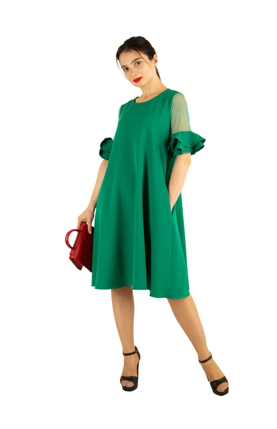 Short Tulle Frill Sleeve Dress - Grass Green