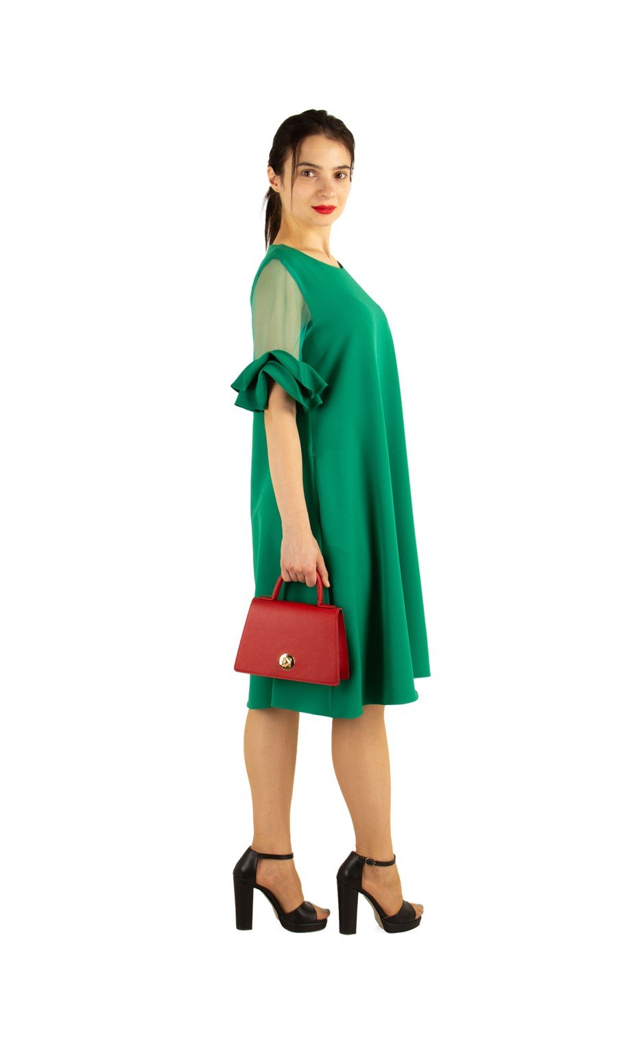 Short Tulle Frill Sleeve Dress - Grass Green