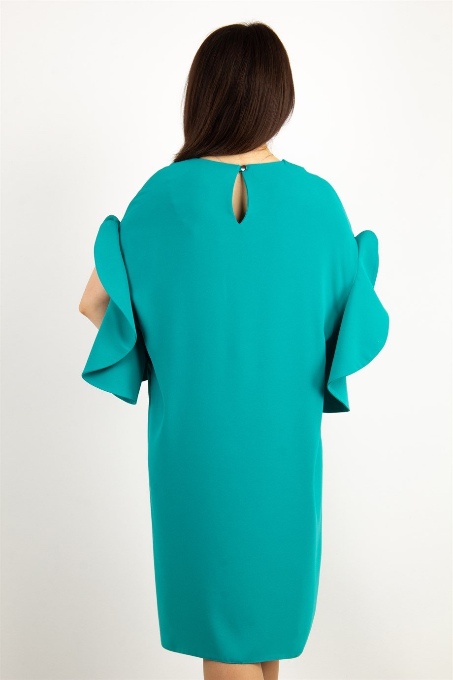 Short Wavy Sleeves Plain Big Size Dress - Benetton Green