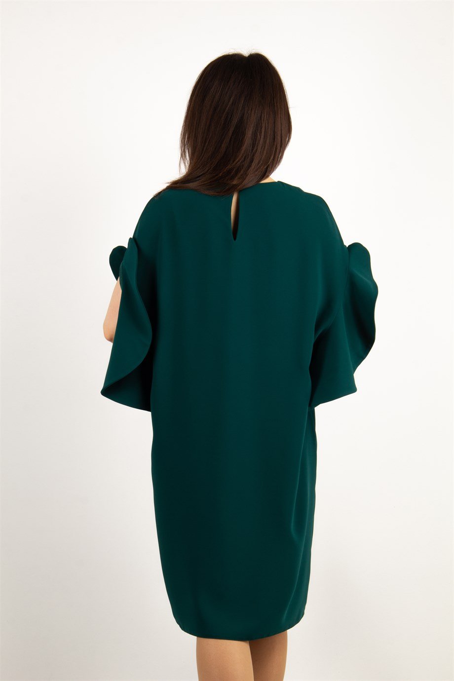 Short Wavy Sleeves Plain Big Size Dress - Emerald Green