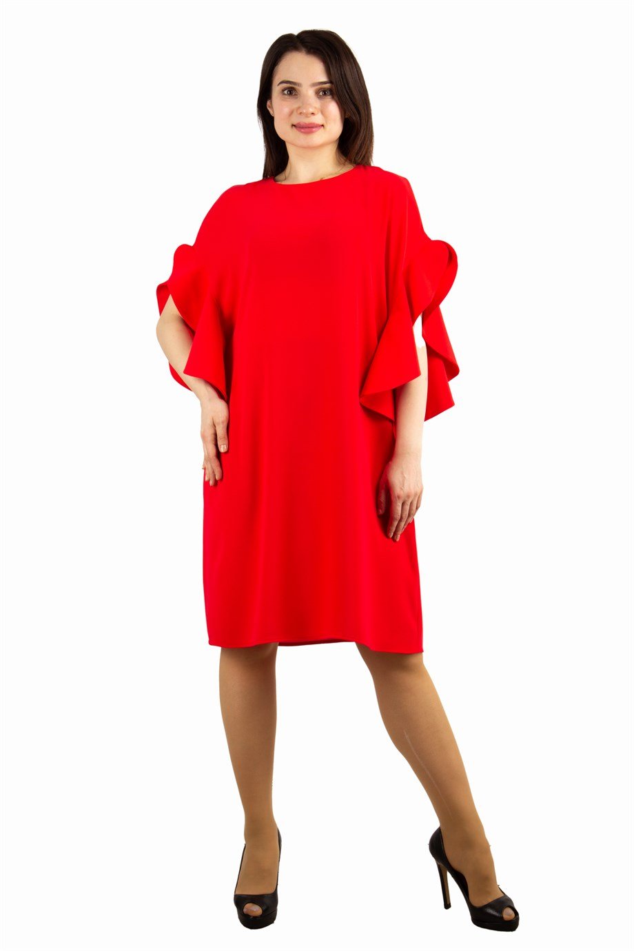 Short Wavy Sleeves Plain Dress - Red