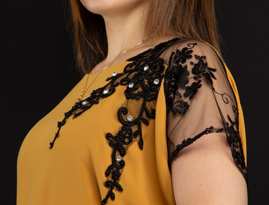 Shoulder Lace Rib Tie Plain Big Size Dress - Mustard