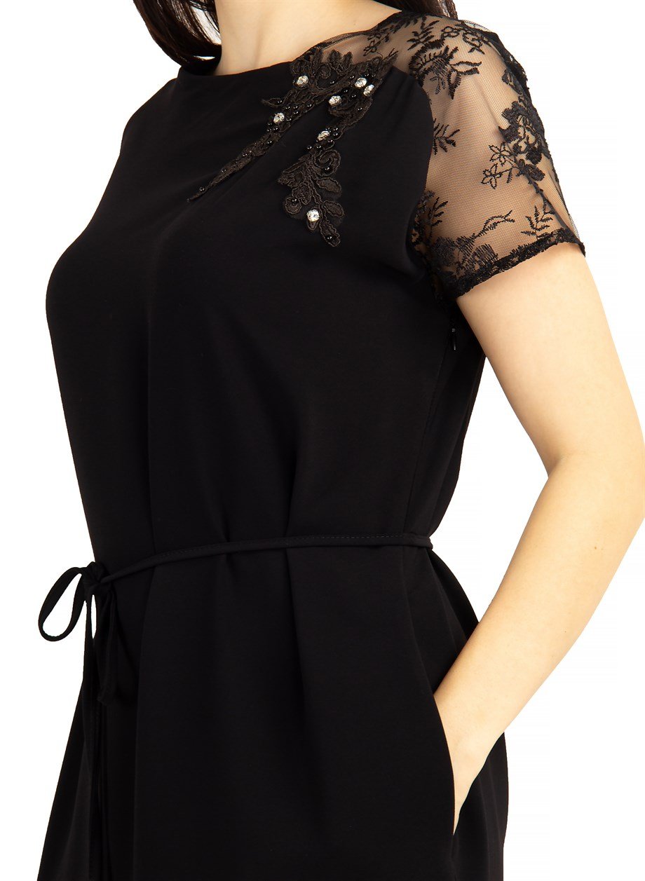 Shoulder Lace Rib Tie Plain Big Size Dress - Black